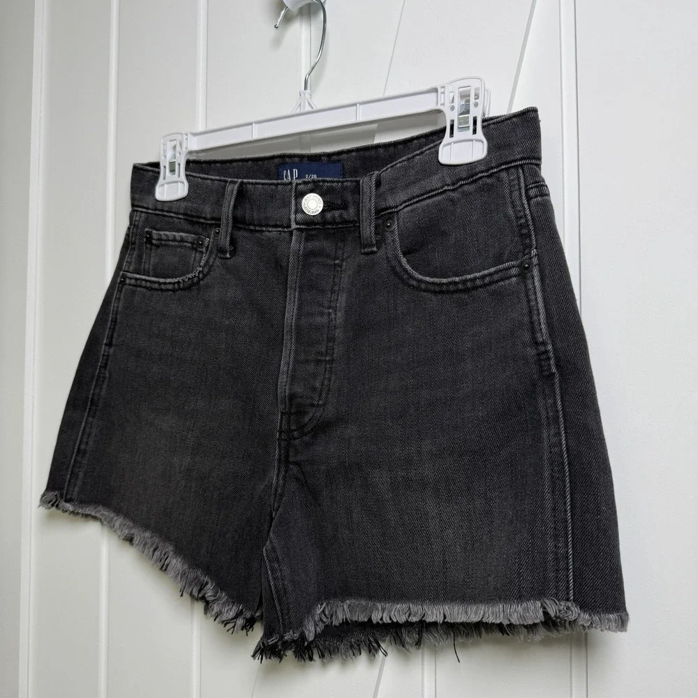 Gap Black Denim High Rise Cheeky Shorts Size 2/26 Button Up Streetwear Grunge - Picture 2 of 7